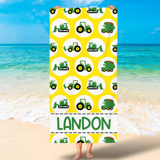 Personalized Lovely Kid Beach Towel - Green Tractor Towel - Tractor Party - Beach - Pool - Summer - Birthday - Vacation SO0251
