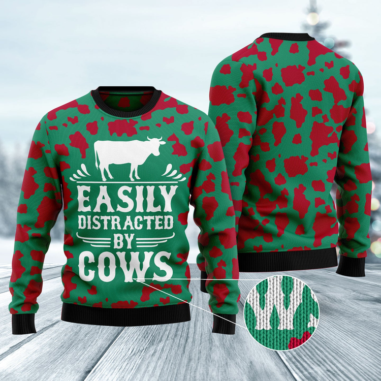 Easily Distracted By Cows Ugly Christmas Sweater, Funny Ugly Xmas Sweater USO0260