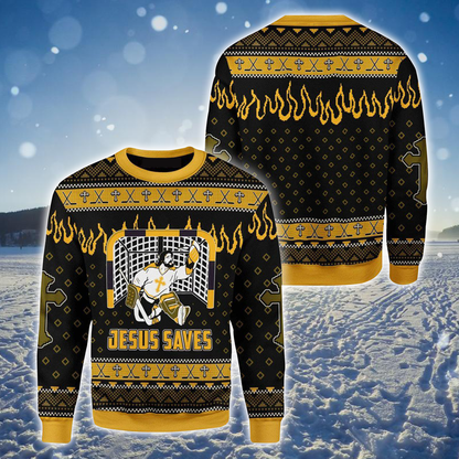 Jesus Saved Funny Ugly Christmas Sweater For Men & Women, Perfect Gift For Hockey Lover SO0953