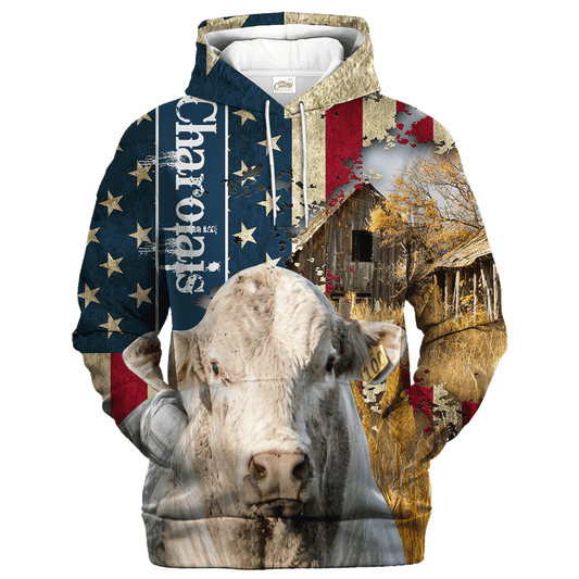 Charolais Farm With America Flag Hoodie, Farm Usa Hoodie 3D Print SO0502