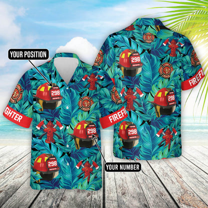 Custom Hawaiian Shirt Gift For Firefighter - Personalized Gifts For Fireman - Firefighter Helmet Tropical Pattern Hawaiian Shirt HO0327