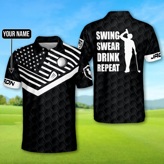 Personalized Black American Flag Golf Shirt For Men, Swing Swear Drink Repeat Custom Polo Shirt Lasfour Lasfour SO1409