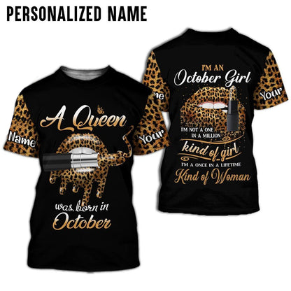 Personalized Name Birthday Outfit October Girl Leopard Skin Lipstick All Over Printed Birthday Shirt TO2815