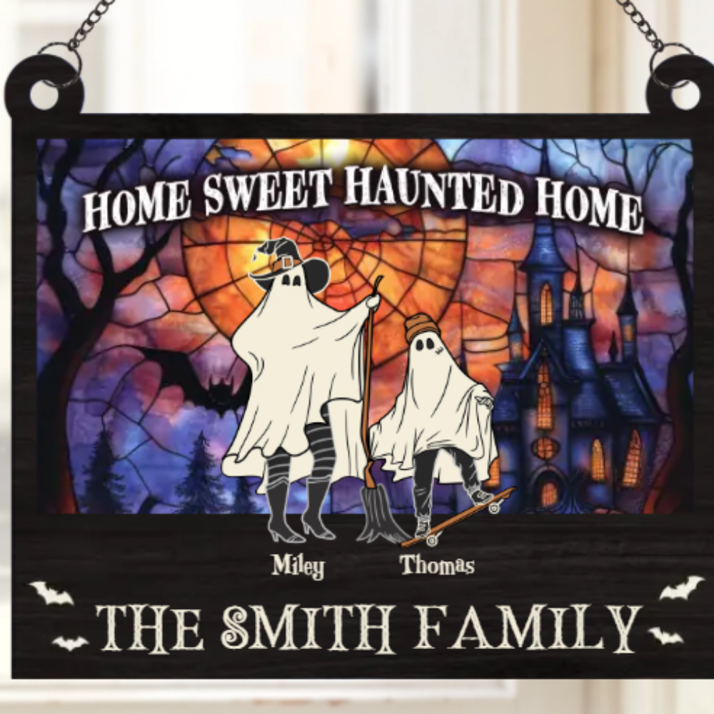 Home Sweet Haunted Home - Family Personalized Window Hanging Suncatcher - Halloween Gift For Family Members, Custom Spooky Suncatcher ON0006