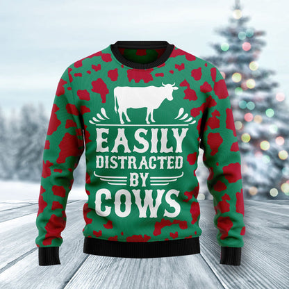 Easily Distracted By Cows Ugly Christmas Sweater, Funny Ugly Xmas Sweater USO0260