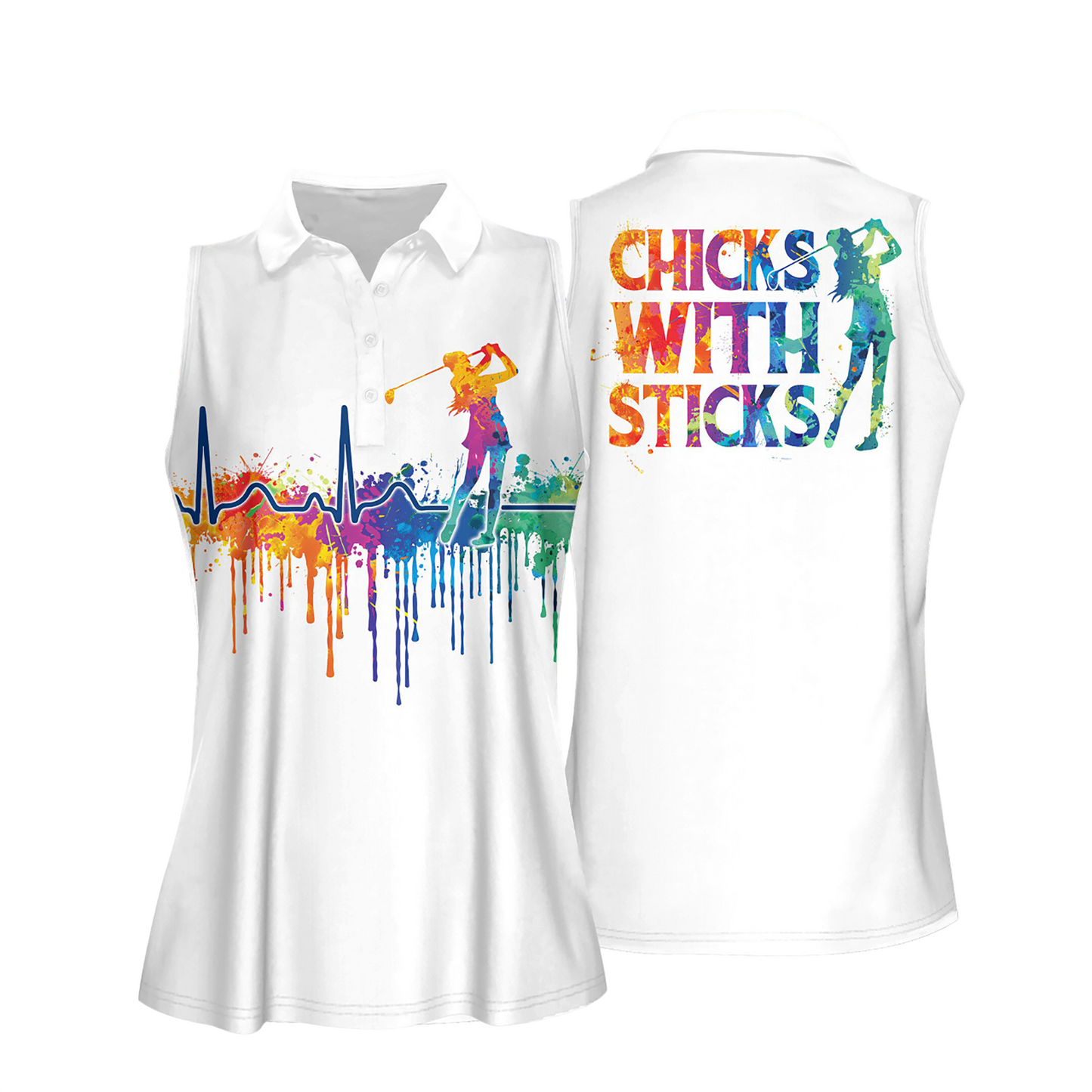 3D All Over Print Watercolor Golf Heart Beat Chicks With Sticks Women Short Sleeve Polo Shirt SO0893