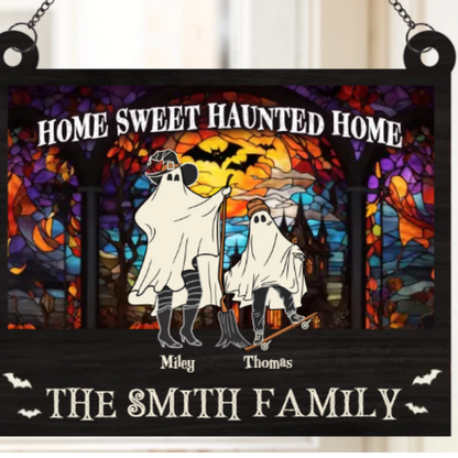 Home Sweet Haunted Home - Family Personalized Window Hanging Suncatcher - Halloween Gift For Family Members, Custom Spooky Suncatcher ON0006