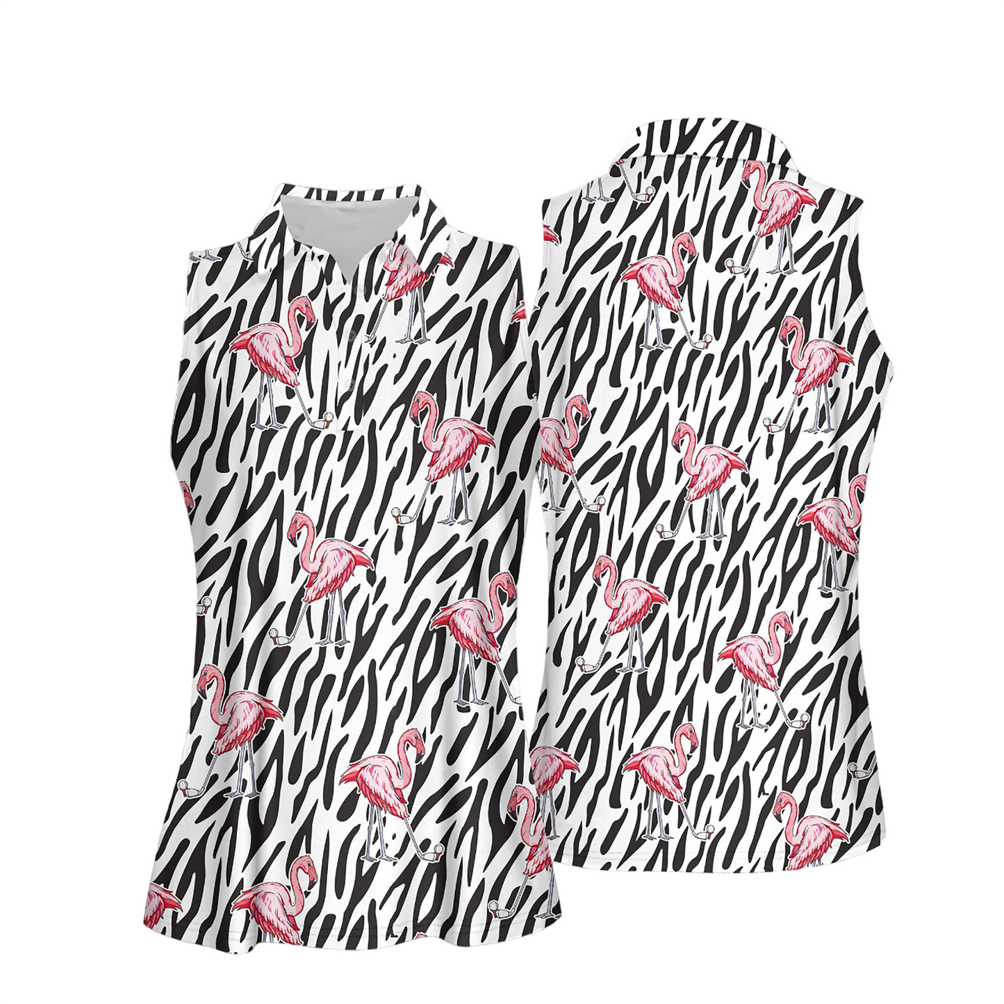 Seamless Flamingo Golf Zebra Background Women Short Sleeve Polo Shirt, Sleeveless Polo Shirt SO0894