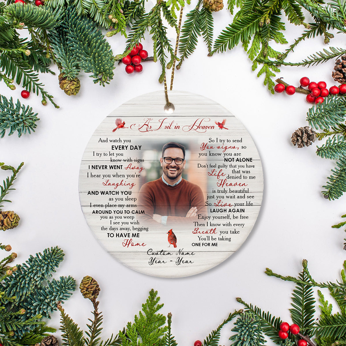 Personalized Memorial Ornament - As I Sit in Heaven, Christmas Remembrance Decor, Cardinal Memorial Gift for Loss of A Loved One SO1149