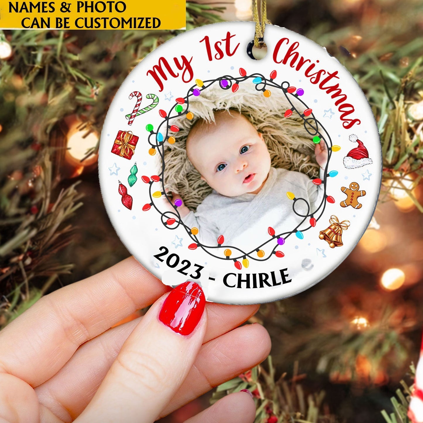 Custom Photo Baby New First Christmas 2024 Circle Ceramic Ornament, Gift for Family SO1159