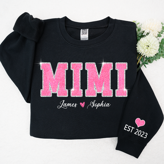 Personalized Name Mimi Pink Glitter Sweatshirt, Custom Grandma Est With Kids on Sleeve SO1113