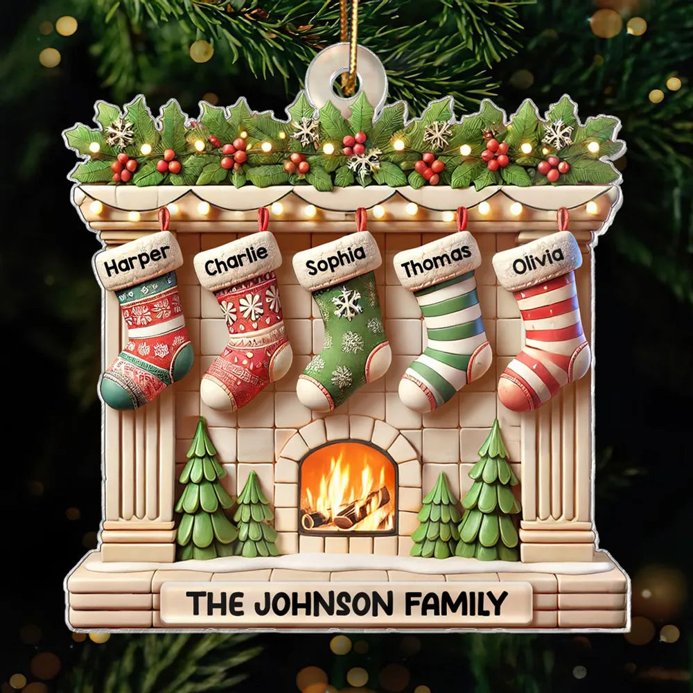 Realistic Family Christmas Stockings On Mantel 3D Effect Personalized Acrylic Ornament, Custom Name Family Members Ornament ON1489