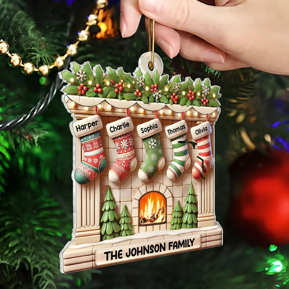 Realistic Family Christmas Stockings On Mantel 3D Effect Personalized Acrylic Ornament, Custom Name Family Members Ornament ON1489