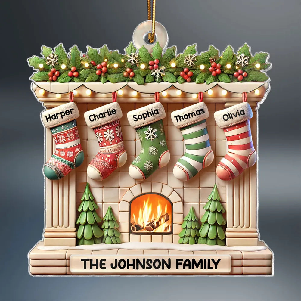 Realistic Family Christmas Stockings On Mantel 3D Effect Personalized Acrylic Ornament, Custom Name Family Members Ornament ON1489