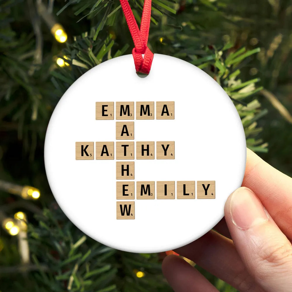 Family Christmas Decor Crossword Puzzle Art Personalized Round Ceramic Ornament, Custom Family Christmas Ornament 2024 ON0102