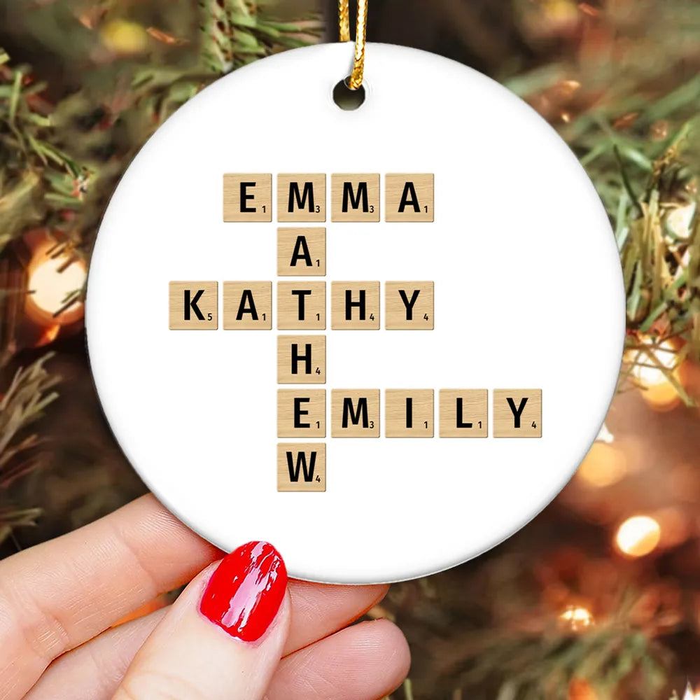 Family Christmas Decor Crossword Puzzle Art Personalized Round Ceramic Ornament, Custom Family Christmas Ornament 2024 ON0102