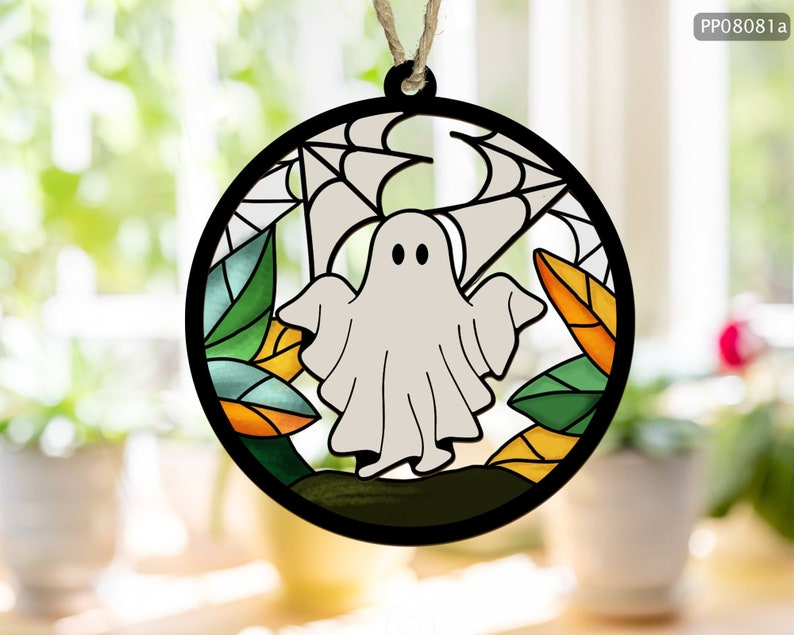 Gothic Ghost Suncatcher, Funny Halloween Stain Glass Su Catcher, Horror Home Decor Spooky Ornament OA0048