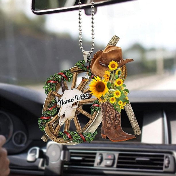 Personalized Cowboy Cowgirl Sunflower Hat Boots Car Hanging Ornament OO0113