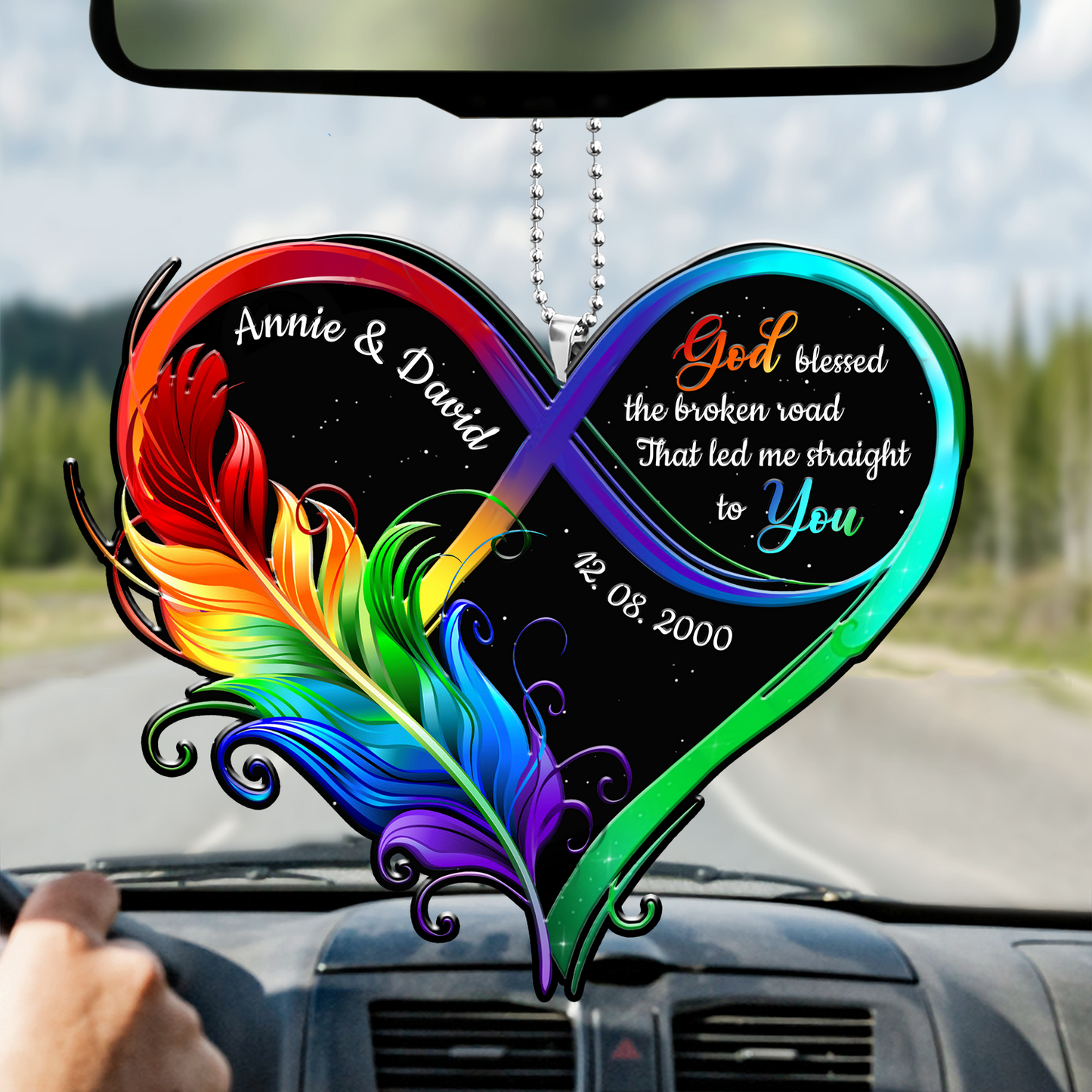 Personalized Ornament Hanging For Car Feather Infinity Heart God Blessed Car Ornament OO0095