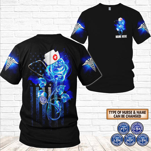 Personalized Shirt Nurse Burning Blue Rose 3D All All Over Print Shirts For Nurses TO3267