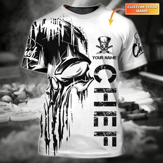 Personalized Name 3D Skull Chef Shirt, White Skull Uniform Shirt For Master Chef, Chef Gifts TO1003