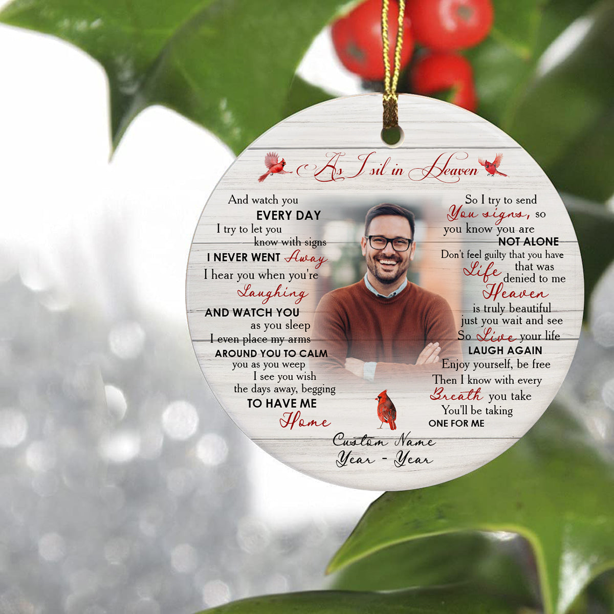 Personalized Memorial Ornament - As I Sit in Heaven, Christmas Remembrance Decor, Cardinal Memorial Gift for Loss of A Loved One SO1149