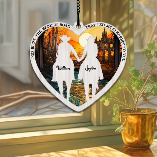 Cowboy and Cowgirl Holding Hands God Blessed Personalized Suncatcher, Gift For Couple, Christmas Gifts For Couples OA0188