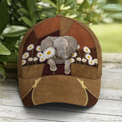 Lovely Elephant Daisy Flowers Leather Baseball Cap Lasfour CO0842