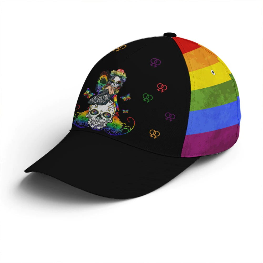 LGBTQ Girl And Sugar Skull Rainbow Baseball Cap, Pride Cap For Lesbian, Gaymer CO0206