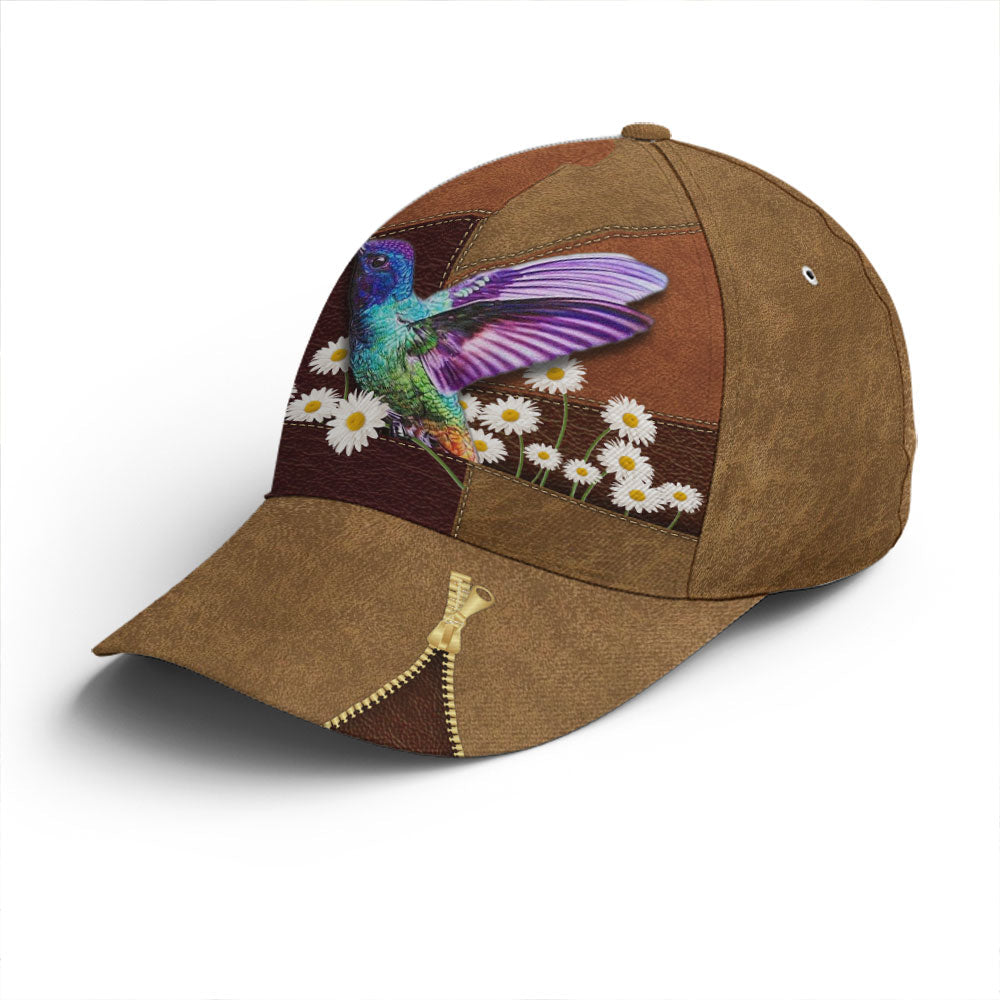 Hummingbird Daisy Flower Leather Style Baseball Cap Lasfour CO0814