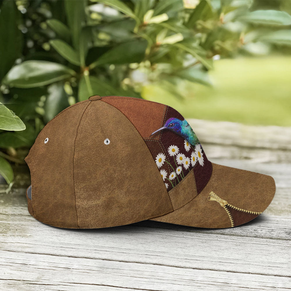 Hummingbird Daisy Flower Leather Style Baseball Cap Lasfour CO0814