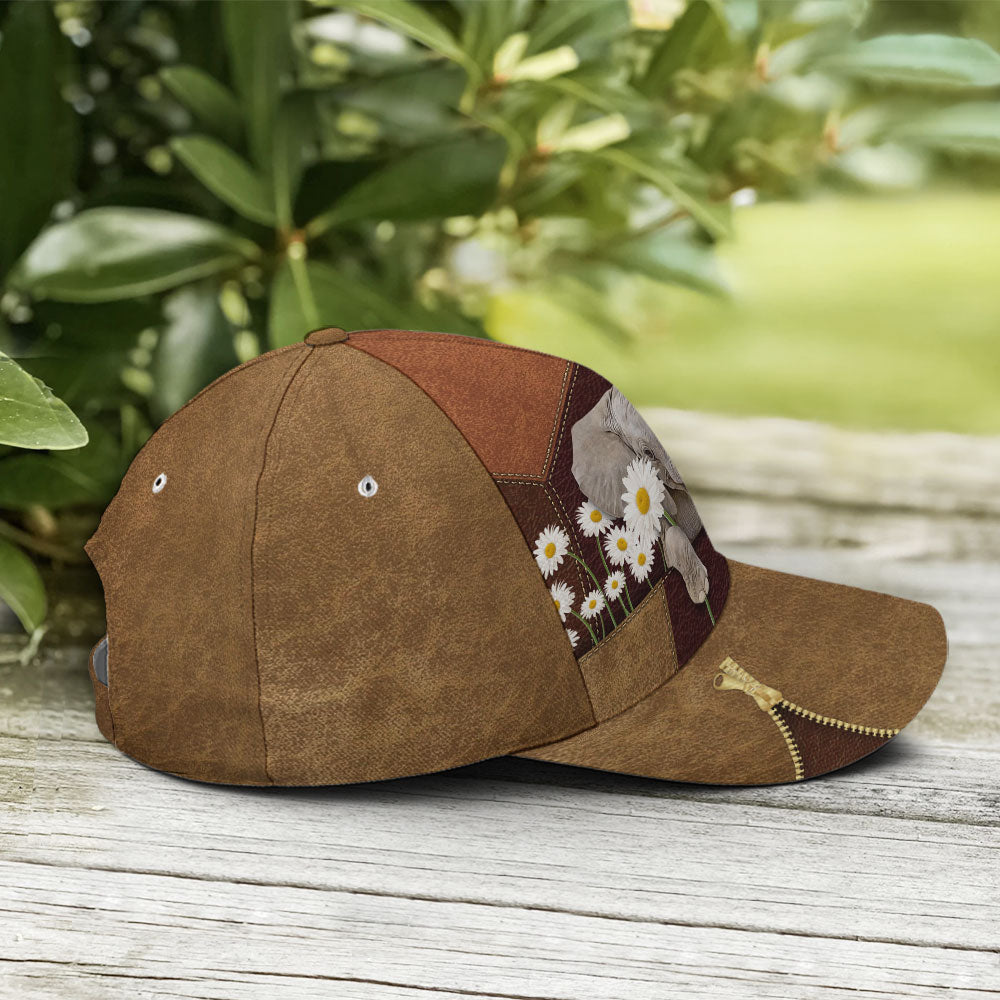 Lovely Elephant Daisy Flowers Leather Baseball Cap Lasfour CO0842