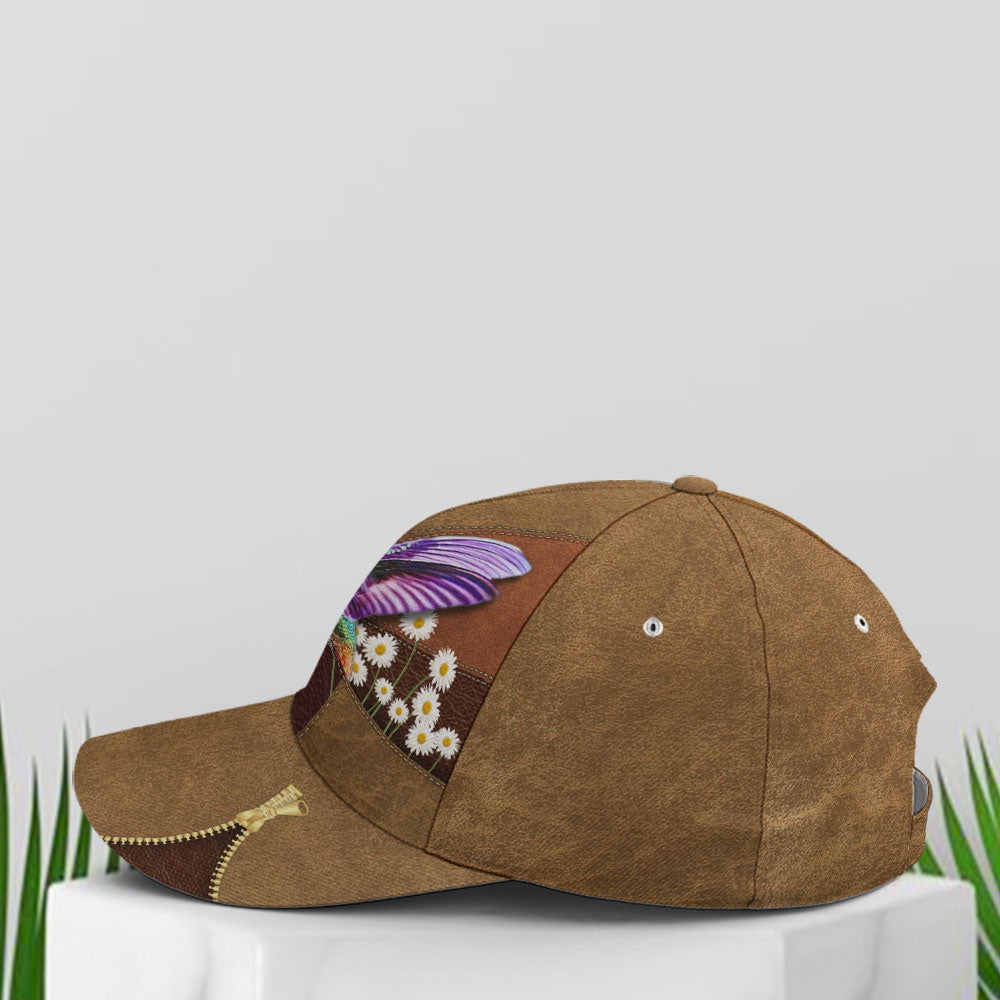 Hummingbird Daisy Flower Leather Style Baseball Cap Lasfour CO0814