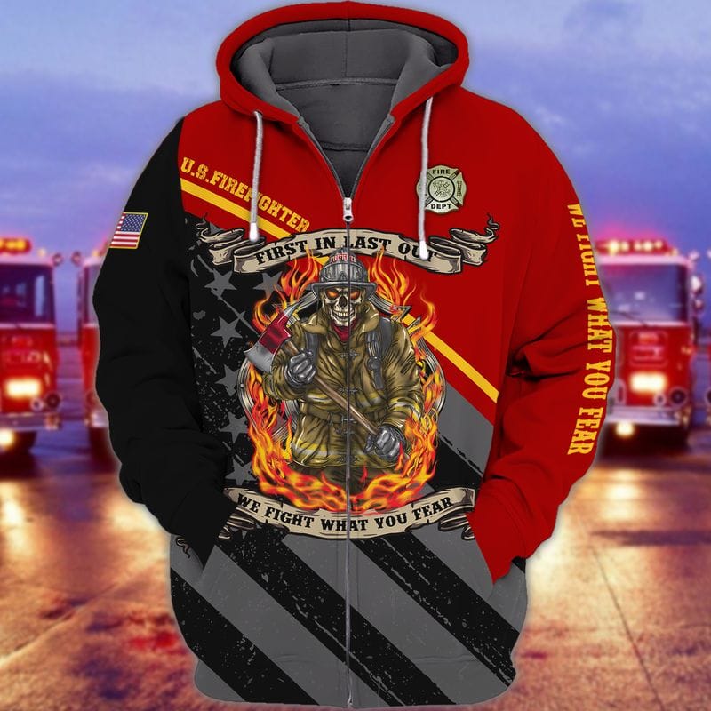 3D All Over Printed US Firefighter Flag Shirt, First In Last Out We Fight What You Fear, Skull Firefighter Shirt TO3275