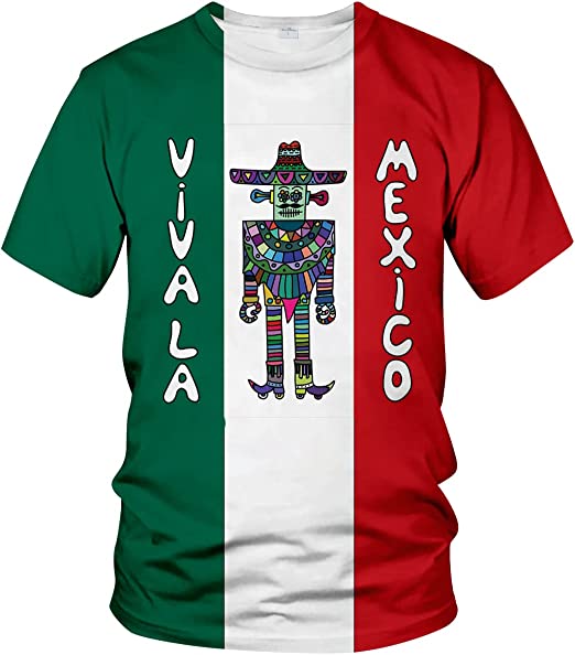 Lasfour Men's 3D Novelty T-Shirt, Mexican Robot with Sombrero and Poncho on Mexican Flag Colored Background Print TO3063