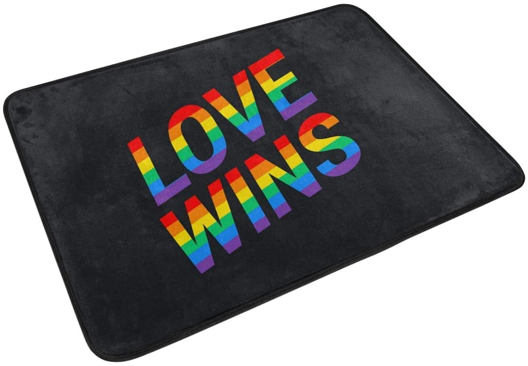 Love Wins Pride Rainbow Black Doormat Non Slip Floor Mat Indoor Outdoor Entrance Bedroom Door Mat Home Decor LO1367