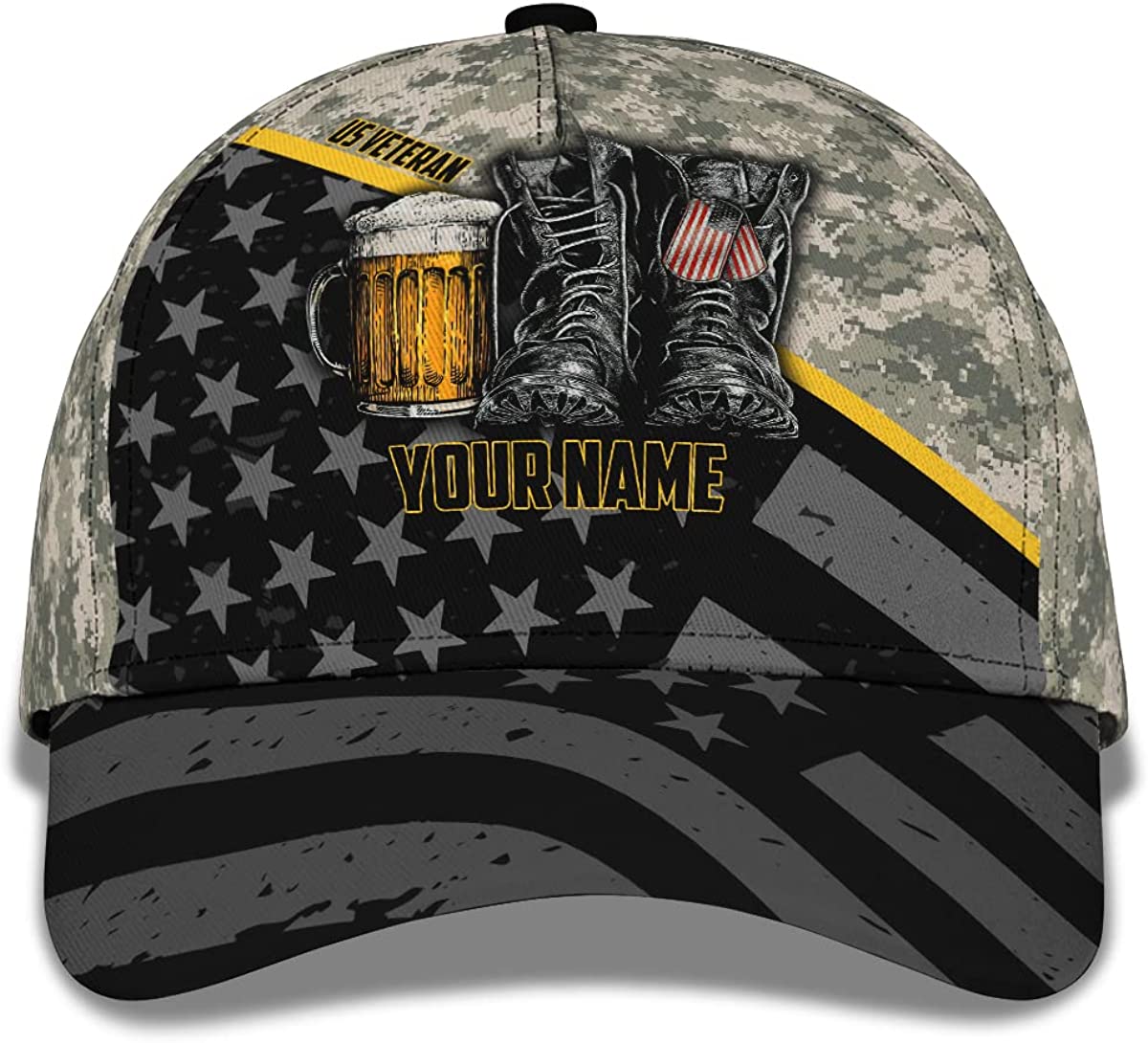 Us Veteran Personalized Hat for Father Grandpa Fabric American Flag Beer and Camouflage Snapback Cap CA0249