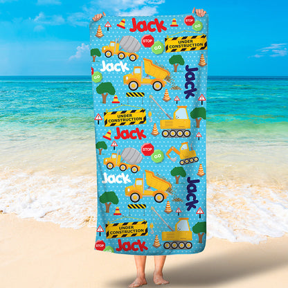 Personalized Construction Boys Beach Towel, Excavator, Toy Kid, Custom Name Truck Kid Bath Towel for Boys SO0076