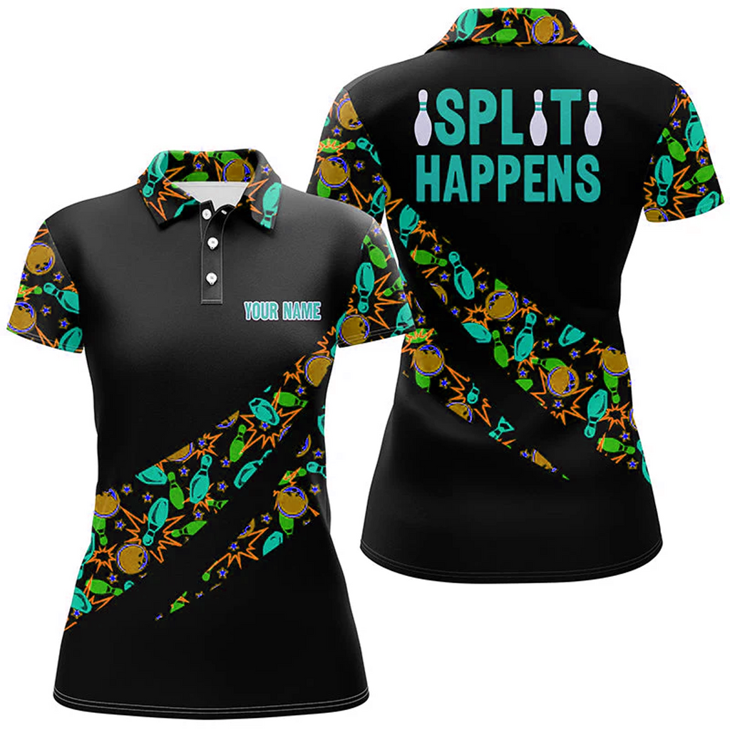 Bowling And Pins Split Happens Multicolor Option Customized Name 3D Shirt For Women BO0434