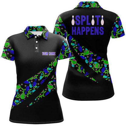 Bowling And Pins Split Happens Multicolor Option Customized Name 3D Shirt For Women BO0434