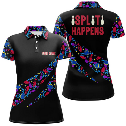 Bowling And Pins Split Happens Multicolor Option Customized Name 3D Shirt For Women BO0434