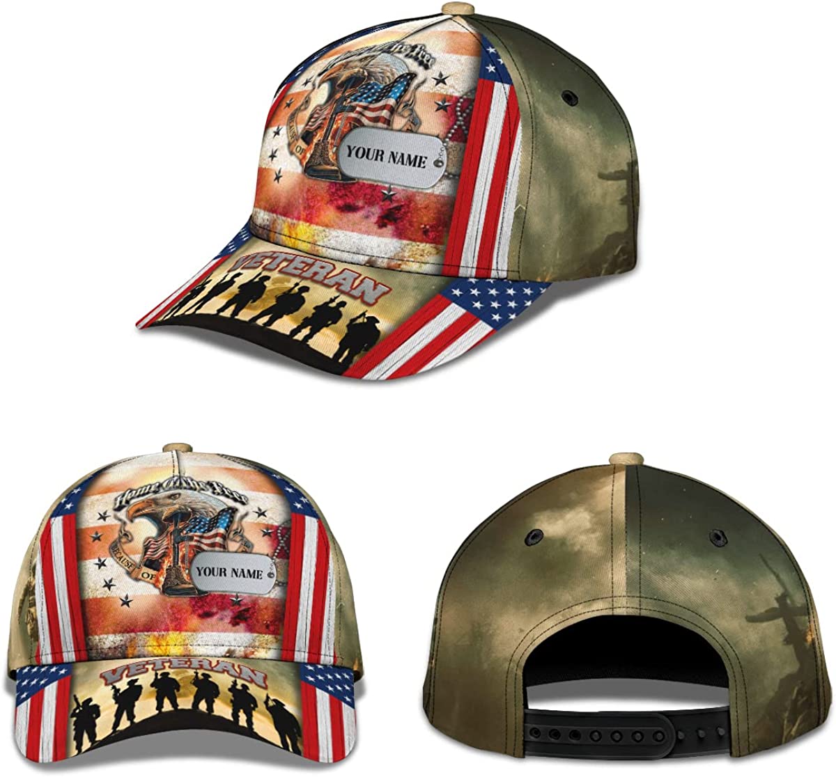 Veteran Home of The Free 3D Patriotic Personalized Name Classic Baseball Hat CA0257