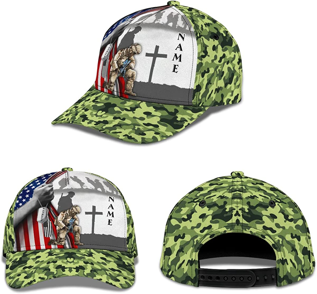 Personalized Veteran Kneeling Cross American Flag Camo Design Hat with Adjustable Snapback for Grandpa Dad Husband CA0244