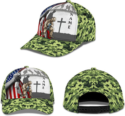 Personalized Veteran Kneeling Cross American Flag Camo Design Hat with Adjustable Snapback for Grandpa Dad Husband CA0244