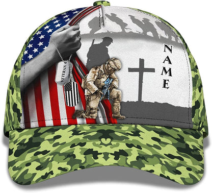 Personalized Veteran Kneeling Cross American Flag Camo Design Hat with Adjustable Snapback for Grandpa Dad Husband CA0244