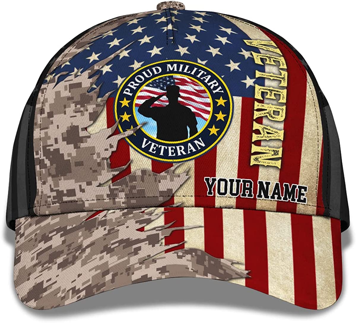 Proud Military Veteran Personalized Hat for Father Grandpa, American Flag with Camouflage Baseball Cap CA0256