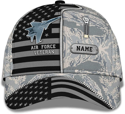 Air Force Veteran Personalized Hat for Men Guys Male American Flag with Camo Pattern Snapback Cap CA0248