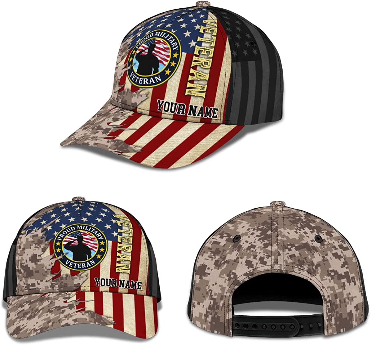 Proud Military Veteran Personalized Hat for Father Grandpa, American Flag with Camouflage Baseball Cap CA0256