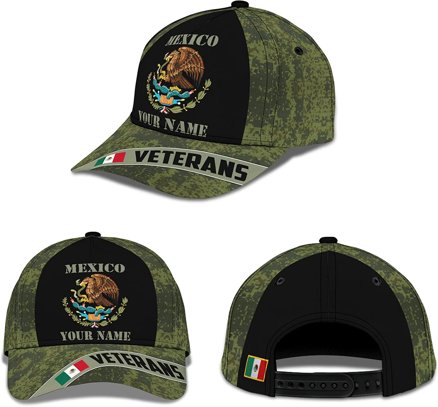 Mexico Veteran Mexican Flag and Camouflage Pattern Customized Hat 3D Printed Snap Back Cap for Veterans Day Father Day CA0252