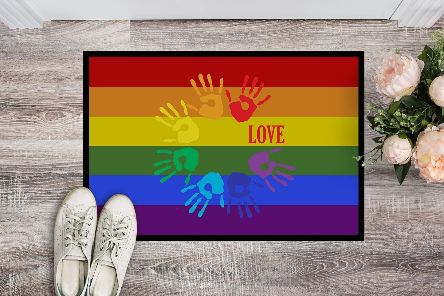 Gay Pride Love Hands Door Mat, Indoor Rug Or Outdoor Welcome Mat 18X27 Pride Lgbt Doormat LO1336